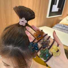 質感のある水墨画風アクリルフラワーヘアゴム おしゃれなビーズヘアロープ ポニーテールヘアゴム 女性用