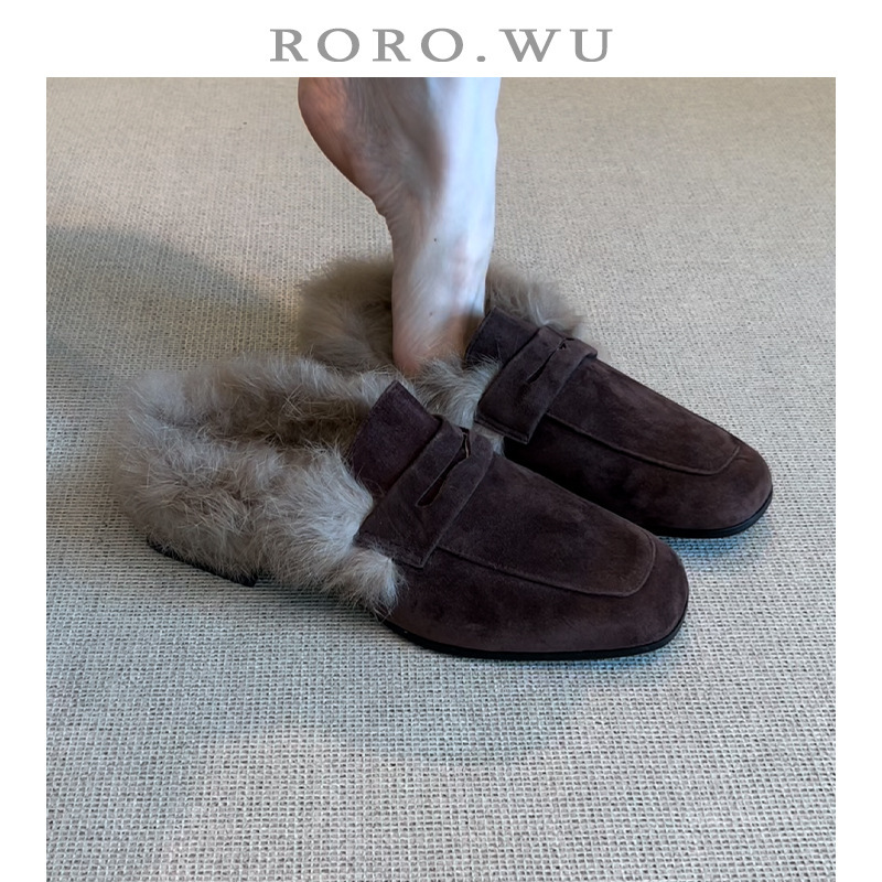 Sheepskin Version ~ Baotou Rabbit Fur Half Slippers for Women, New Winter Women's Shoes, Fleece-Lined Warm Cotton Shoes for Outer Wear, Women's Slippers Mu