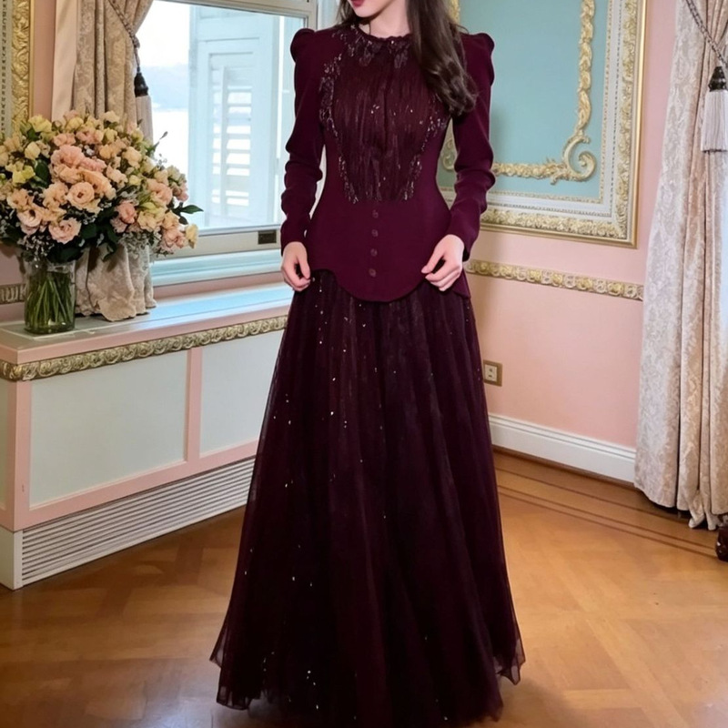 2026 Spring AliExpress Amazon European and American Mesh Long Dress Set Vintage Round Neck Evening Gown European and American Banquet 2026 Spring AliExpress Amazon European and American Mesh Long Dress Set Vintage Round Neck Evening Gown European and American Banquet