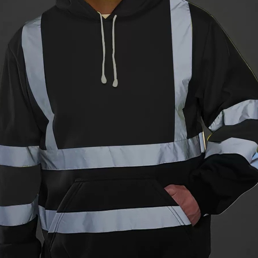 Cross-Border Export Popular Men's Reflective Strip Ring Fleece-Lined Hooded Top to Protect Against Cold Outdoor Hooded Reflective Sweatshirt for Men