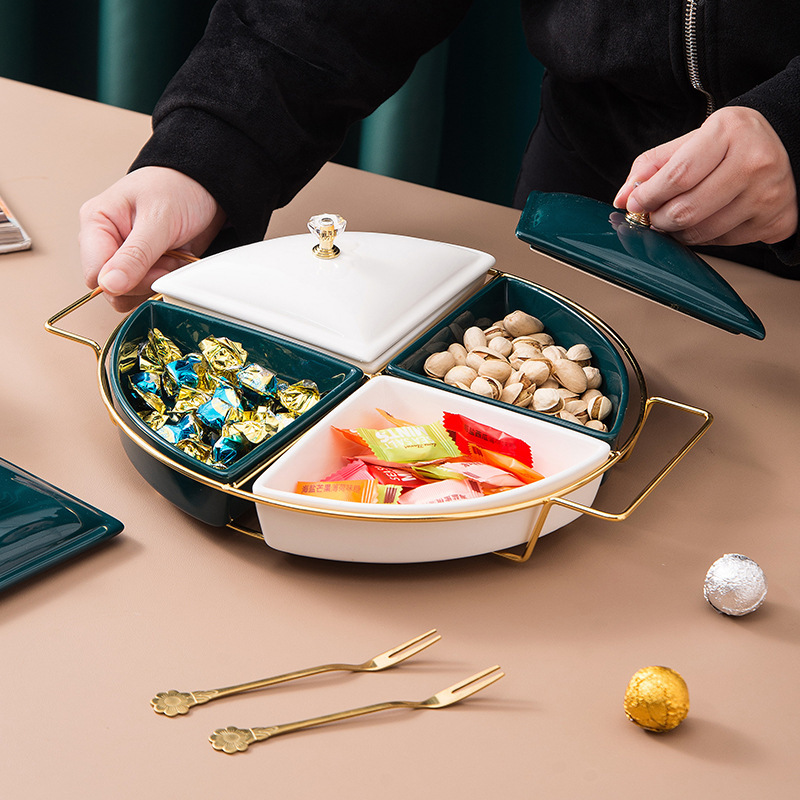 Nordic style ceramic fruit compartment with lid plate color glaze platter household snack plate compartment nut plate fashion snack box