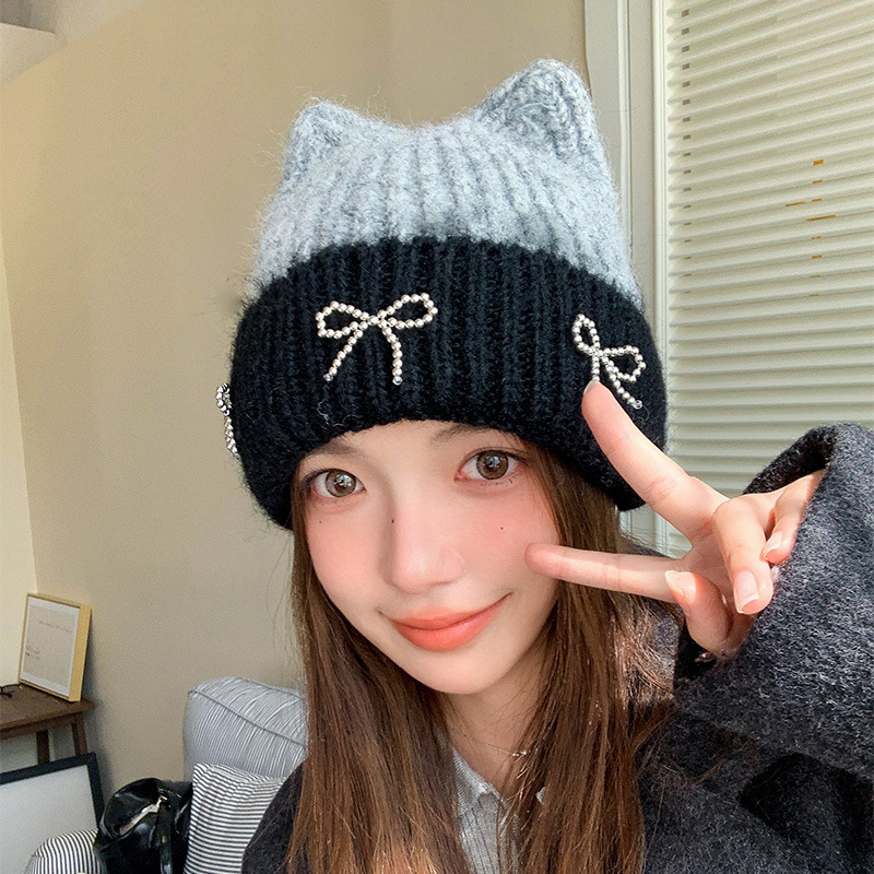 猫咪耳朵针织帽女秋冬可爱蝴蝶结户外加厚保暖显脸小毛线帽子批发|undefined