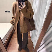 棕色美拉德复古v领毛呢外套女装秋冬季感休闲中长款呢子大衣百搭