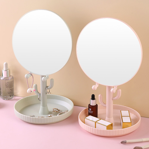 Round dressing mirror cartoon cactus student dormitory dressing mirror with base desktop makeup mirror girl heart beauty mirror