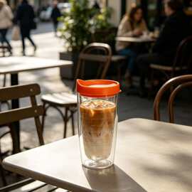 成人时尚款双层透明吸管杯塑料咖啡杯螺纹内胆学生网红户外便携饮