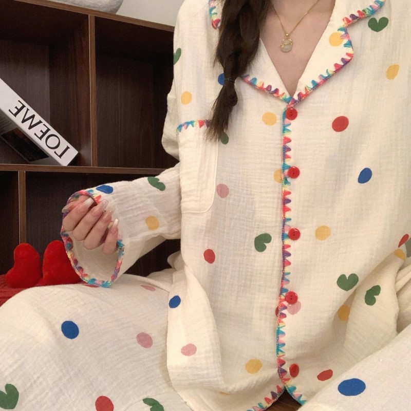 波点睡衣女春秋款长袖套装高级感韩版开衫家居服秋季可爱跨境批发|undefined