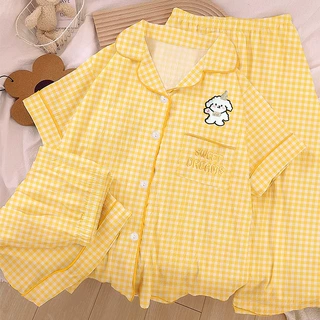源头工厂云朵棉三件套奶黄格子绣花羊短袖睡衣家居服套装