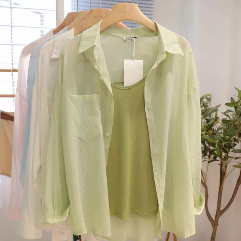 Летняя однотонная тонкая свежая солнцезащитная рубашка с длинными рукавами, дышащая и удобная, слегка прозрачная корейская солнцезащитная рубашка, уменьшающая возраст