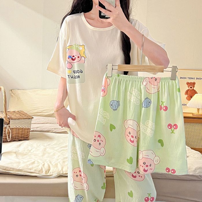 En nombre de la nube de algodón de tres piezas de verano nuevos pijamas de dibujos animados de mujer cuello redondo pantalones cortos de manga corta pantalones traje de servicio a domicilio