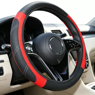 non-slip leather car SUV — Steering wheel cover - cross-border-no-inner-ring-sports-style-black-and-red-38cm