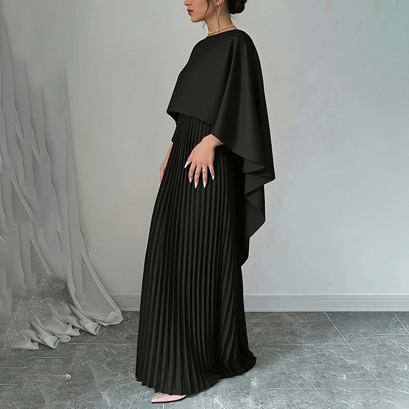Spring 2026 New Women's Clothing, Cape Elegant Solid Color Round Neck Pleated Slim Fit Fashion Suit_ecoleips.com
