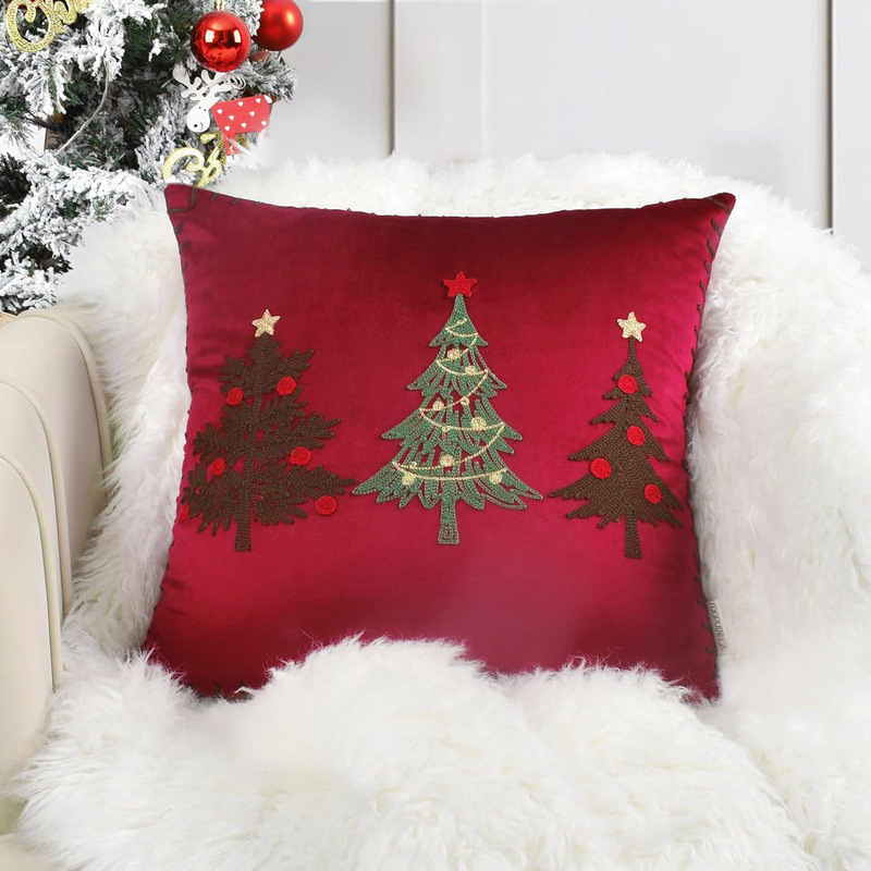 ヘラジカのクリスマスツリーブロンズ枕カバー、秋冬スノーフレーク刺繍クッションカバー45*45、クロスボーダーホットセール|undefined