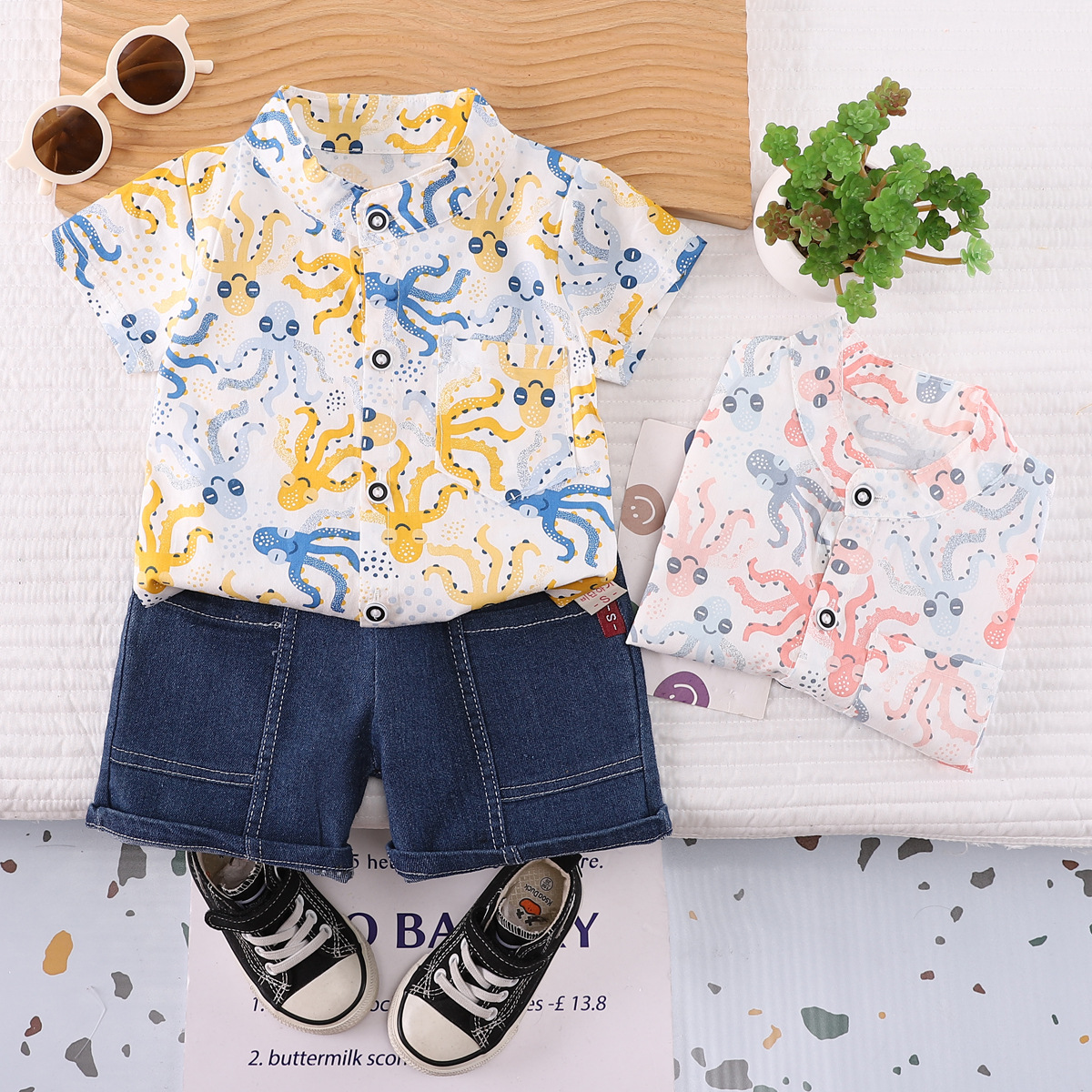Cross-border special for boys summer suit new baby printed shirt short sleeve jeans two-piece foreign trade children's clothing