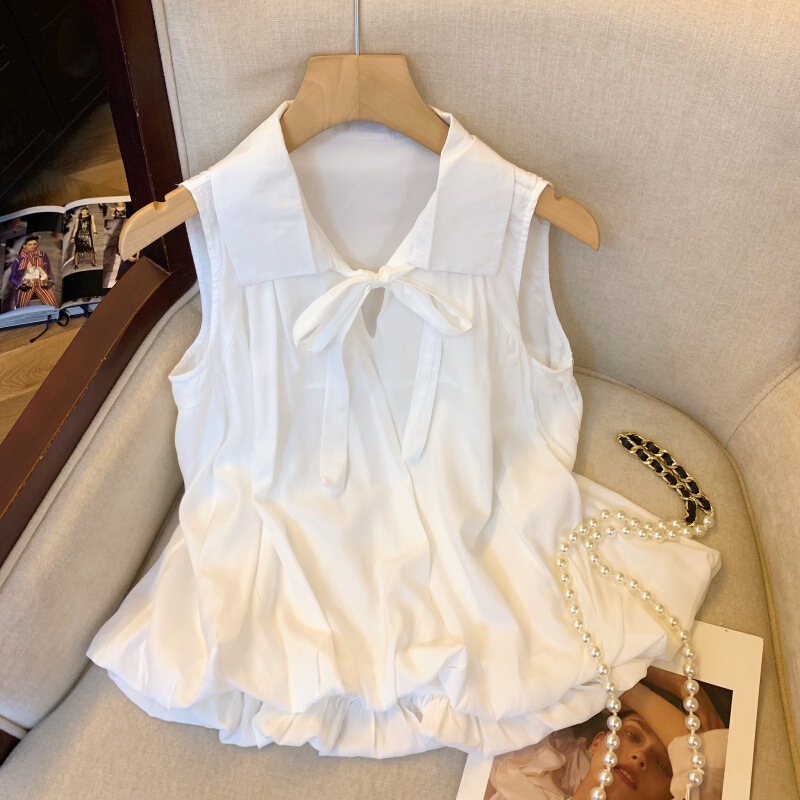 Real Shot 2025 Summer New V-neck White Sleeveless Shirt Hanging Neck Shirt Loose Simple Design Sense Tops Trendy