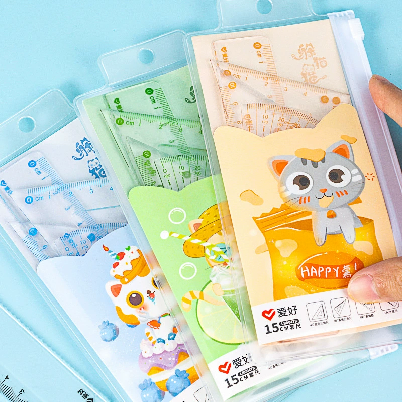爱好 Transparent stationery for students, set, universal ruler, 4 piece set