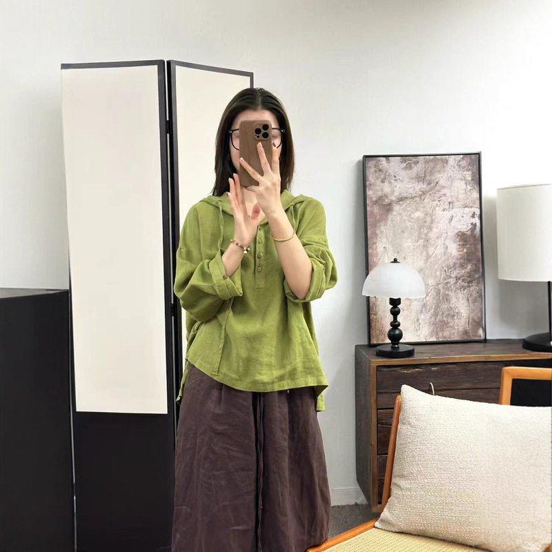 2025秋季韩版宽松减龄砂洗亚麻半开扣连帽套头衬衫百搭休闲帽衫女|undefined