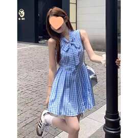 法式甜美蓝色无袖格子连衣裙子女夏2026年新款蝴蝶结气质百褶短裙
