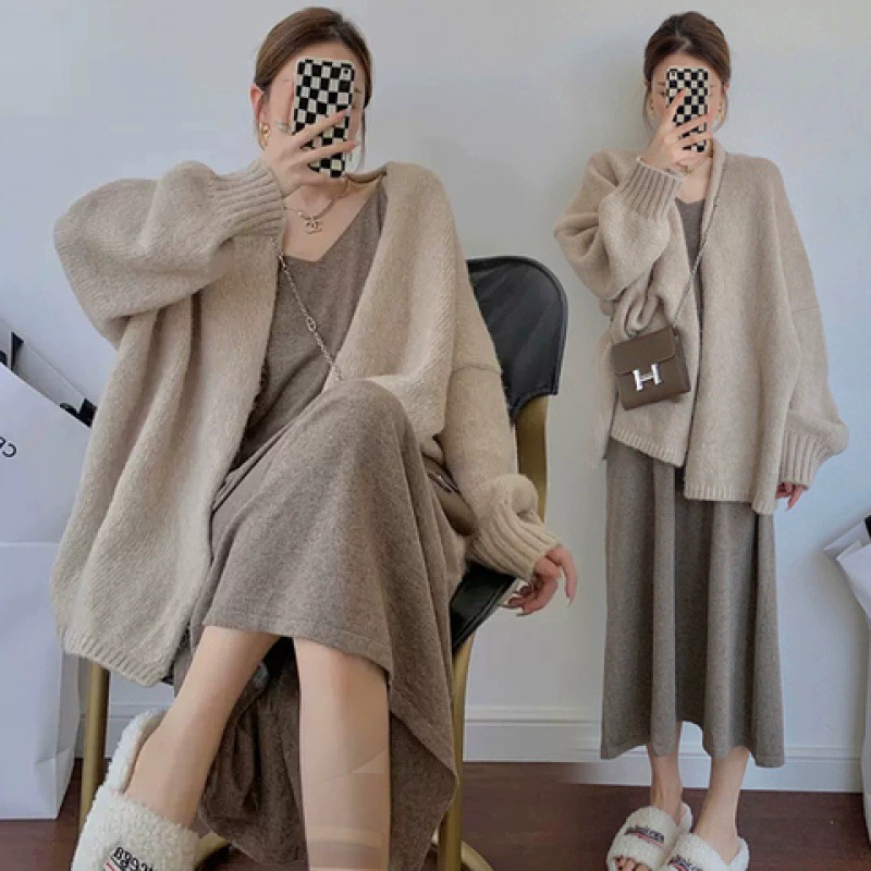 Материнства Осень Новая мода для похудения слинг вязаное платье + свитер куртка зимняя мода мама из двух частей комплект