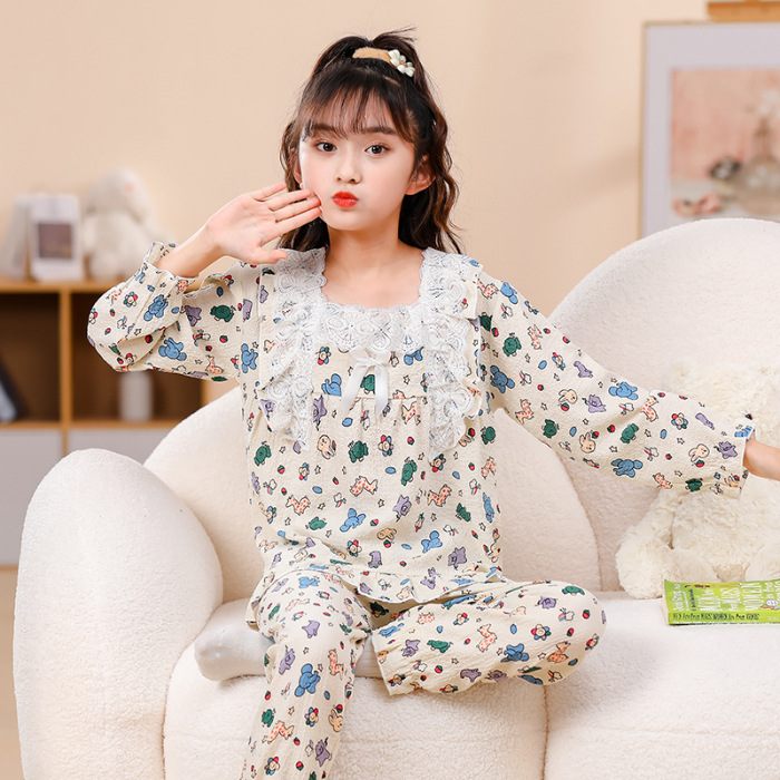 Pijamas infantiles primavera y otoño delgada espuma tela arrugada ropa para el hogar niñas dibujos animados aire acondicionado ventilado ropa de verano