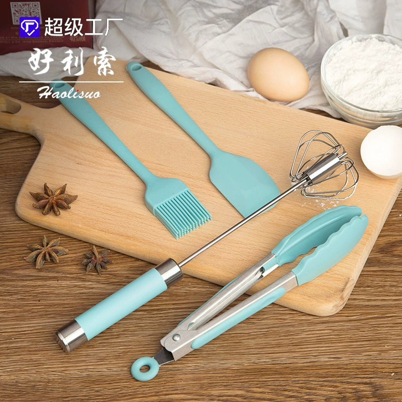 Beginner home baking tool four-piece set semi-automatic whisk food clip integrated silicone spatula scrubber