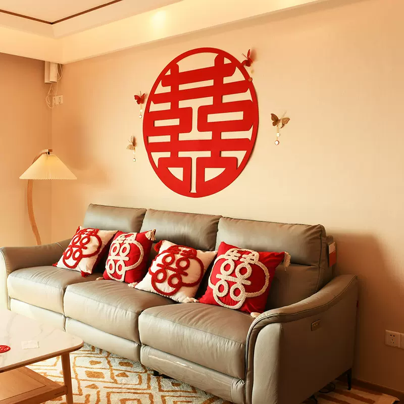婚房喜字贴纸不干胶自粘植绒结婚婚礼布置玻璃窗户贴结婚用品大全