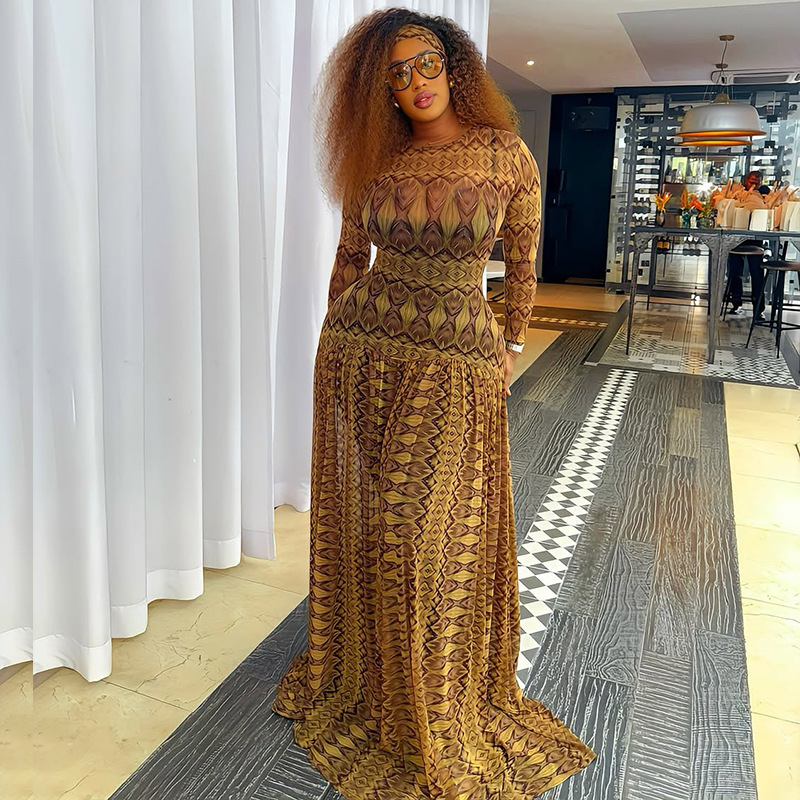 European and American Style Ins Export Retro Elegant Women's Waist Slimming Look Slightly See-Through A-Line Skirt Printed Round Neck Long-Sleeved Dress