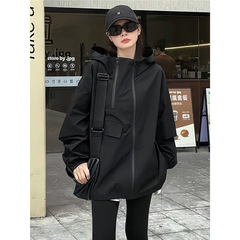 美式oversize高级感黑色冲锋衣女春秋季2025新款休闲宽松连帽外套