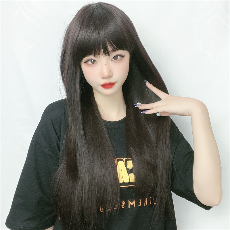 Korean wig women's black long hair air bangs temperament long straight hair high temperature silk wig full headgear stock sufficient Korean wig women's black long hair air bangs temperament long straight hair high temperature silk wig full headgear stock sufficient