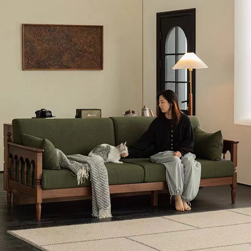 Vintage Solid Wood Black Walnut Sofa Three-person Small Apartment Middle Ancient Simple Straight Row Nordic Japanese Style Living Room Furniture
