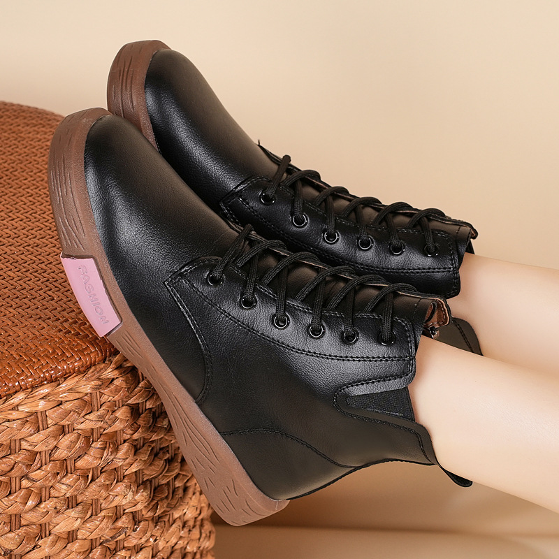 Zapatos de mujer Zhongfang2025 otoño y invierno nuevo cuero retro cordón medio botas cortas laterales con cremallera plana zapatos