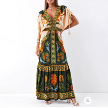 跨境独立站2025新款欧美夏季V领复古民族风定位印花亚麻连衣裙女