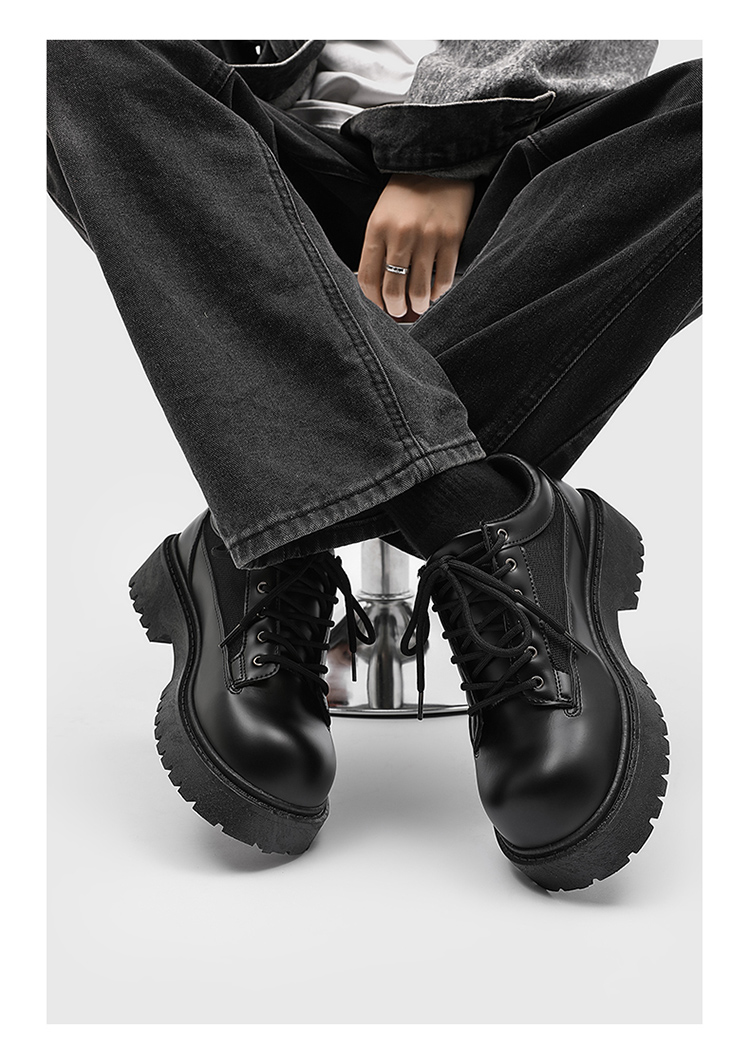 Baskets Derby pour homme ShoeVault, semelle épaisse rehaussante, noires, style britannique décontracté, chaussures de sport en cuir et mesh respirant pour l'été_voghion.com