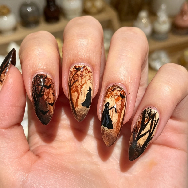 Halloween Short Square Black and Orange Flashing Witch Screaming Cat Spider Web Design Horror Style Fake Nails Wearable Nails