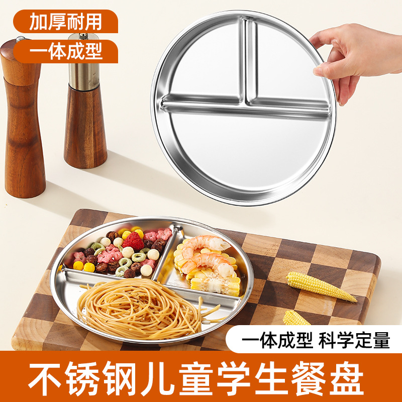 Round Stainless Steel Divided Plate with Three Compartments, Portion Control Plate for Adults, Weight Loss Plate, Student Plate