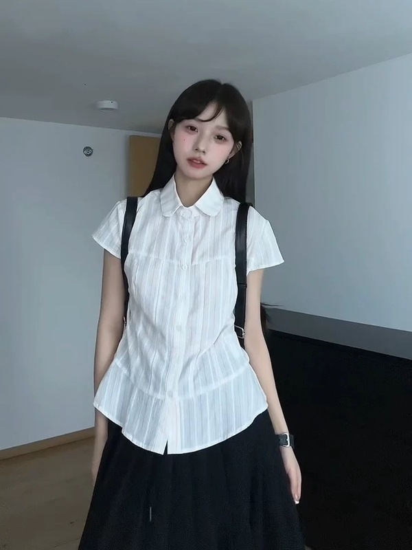 韓国カレッジスタイルポロカラー半袖シャツ女性のための夏の2025新しいスタイルシンプルな痩身西洋スタイル年齢軽減シャツ|undefined