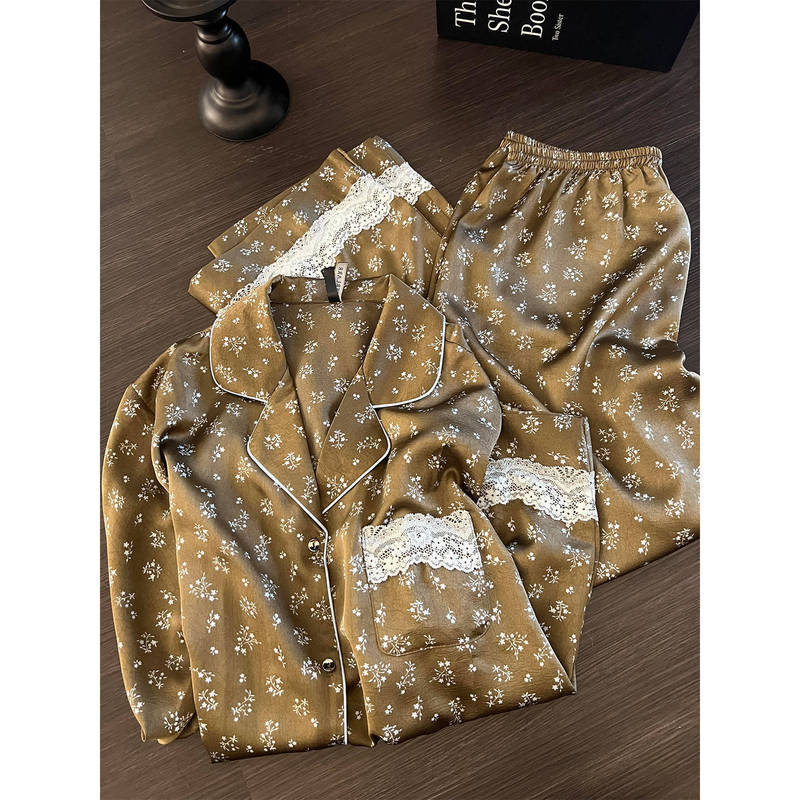 法式蕾丝边碎花冰丝睡衣女款2025新款大码长袖长裤休闲家居服套装|undefined