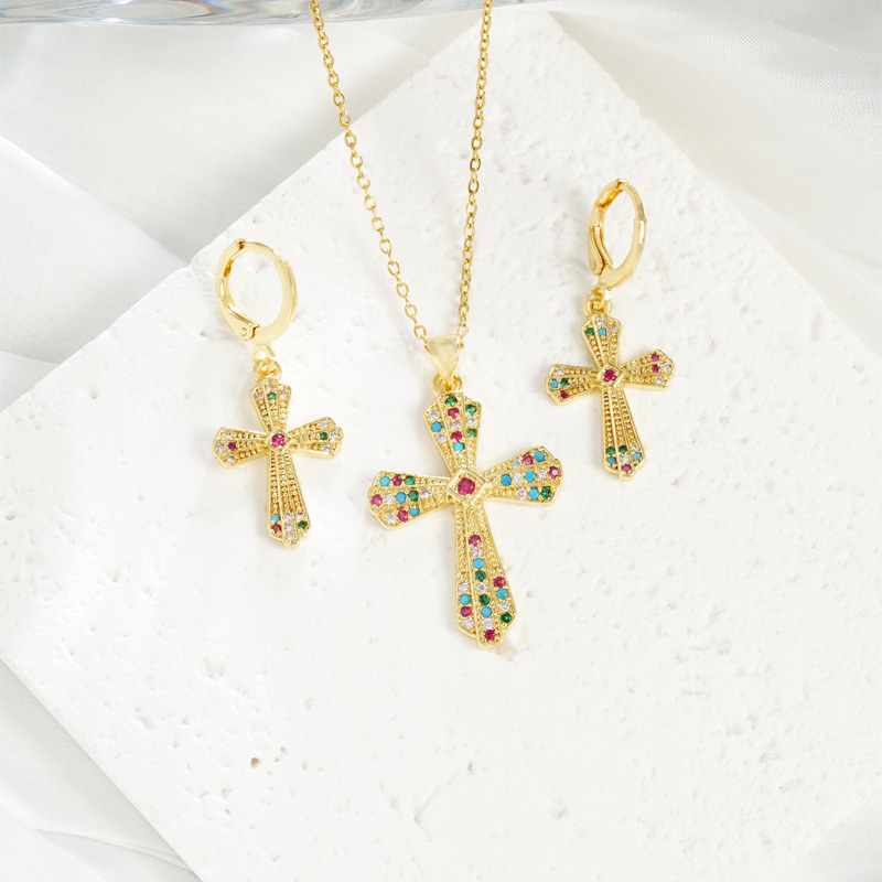 Collar de oro de arena vietnamita transfronterizo Pendientes de cruz con textura de diamantes de estilo europeo y americano