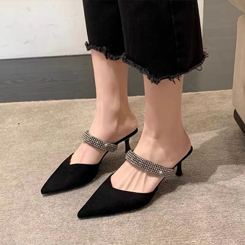 2024 Summer New Black Baotou Stiletto Pointed Toe High Heels Women's Sandals Fashionable and Versatile Outerwear Slippers_vogarts.com