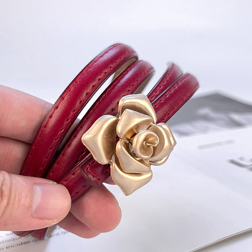New Leather Women's Slim Waist Belt with Floral Design, Suitable for Turtlenecks and Dresses