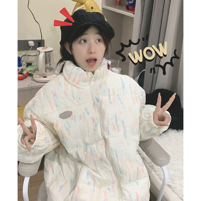 무지개 주름 칼라 빵 세트 여성의 2024 새로운 스타일 밀크 후후 풀면 패딩 자켓 인즈 아카데믹 스타일 코트