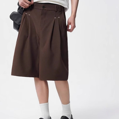 American vibe pleated men's summer streetwear retro versatile casual shorts high street loose wide-leg five-pocket pants