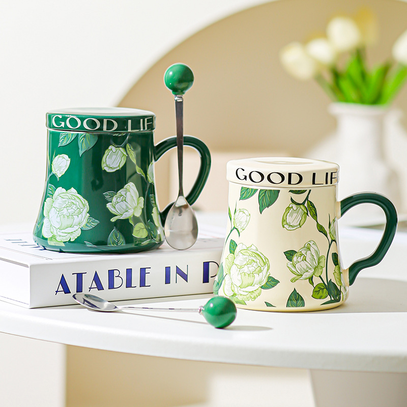 Taza de agua de cerámica de orquídea de campana, taza de café de gran capacidad, taza de desayuno con tapa de diseño, taza de café