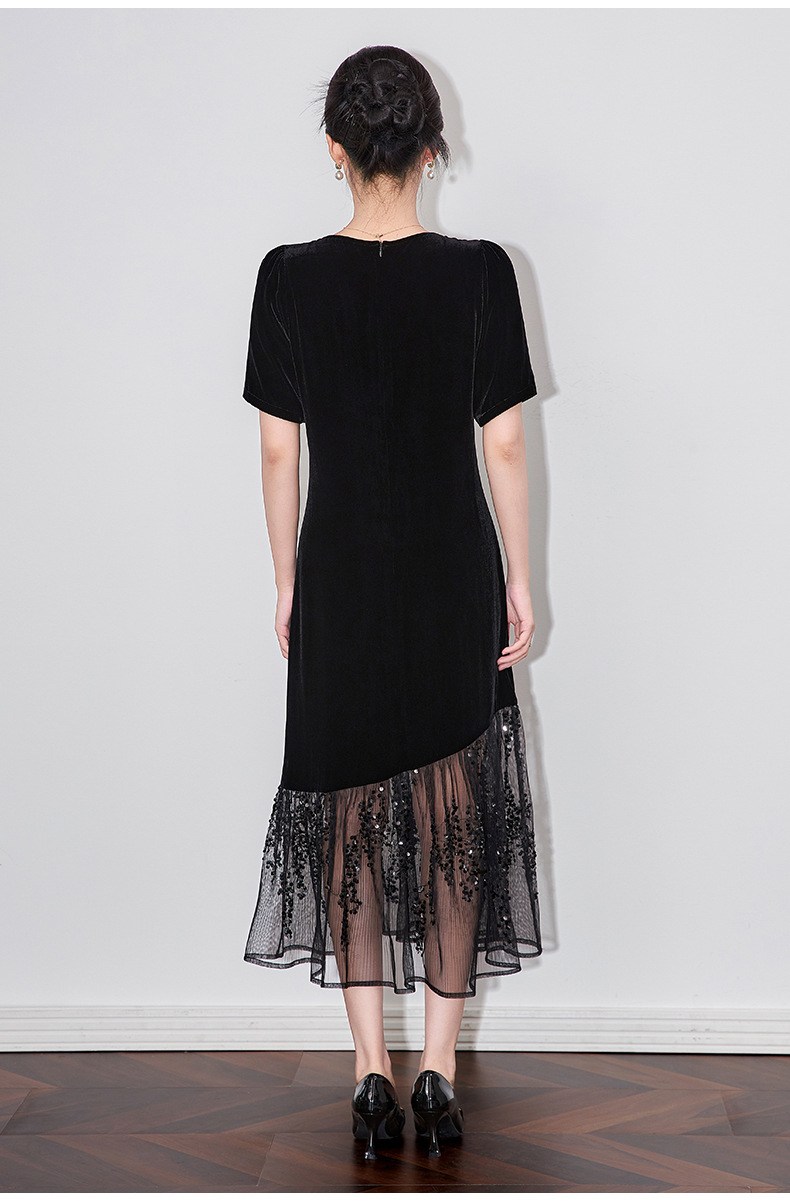 Đầm maxi nữ thắt eo phối lưới đính sequin và nhung — Màu đen chi tiết 10