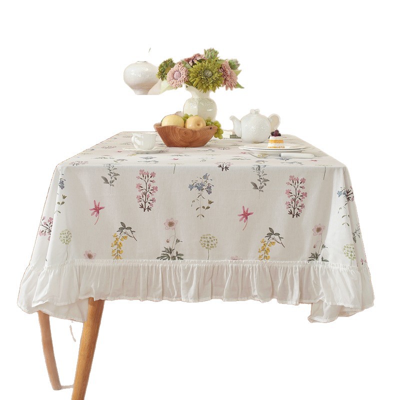 100% Cotton Printed Fresh Green Plants Flowers Leaves Ruffled Edge Tassel Coffee Dining Tablecloth INS_voghion.com