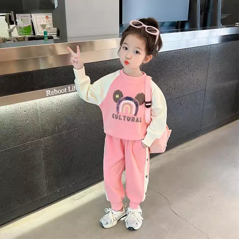 Girls' Cartoon Hoodie Set, Spring Outfit, Stylish, Casual, Sporty, Two-Piece Set for Little Girls