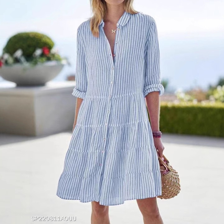 Women's Clothing Long Sleeved Striped Shirt Dress Autumn American Style Thin Summer Dress Suitable_ecoleips.com