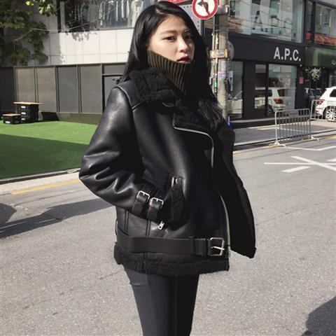 Autumn and winter stand collar PU motorcycle leather one-piece lamb wool fleece-lined thick jacket street long coat cotton-padded women