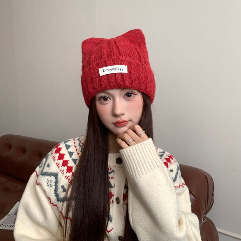 新款猫耳朵帽子女秋冬韩版百搭可爱套头帽显脸小护耳针织毛线冷帽|undefined