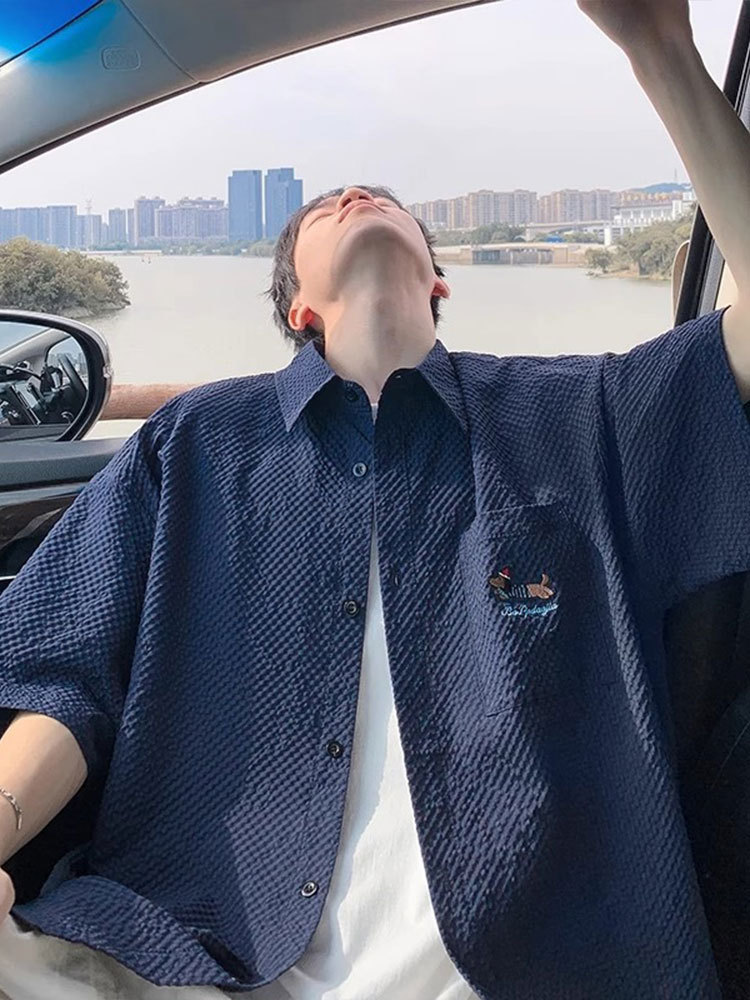 Seersucker Quick-Drying Short-Sleeved Shirt Men's Summer Thin Dachshund Embroidered Lapel Shirt Youth Half-Sleeved Jacket