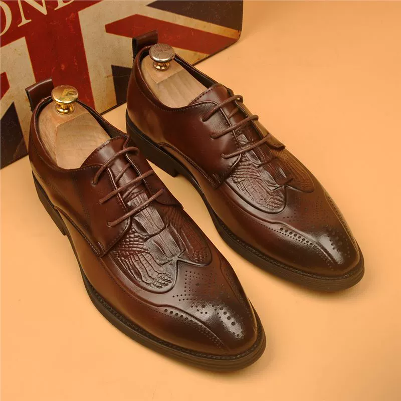 Новые деловые формальные дышащие повседневные кожаные туфли для мужчин с резным крокодиловым узором и острым носком, мужские офисные туфли для джентльменов с белым воротником
